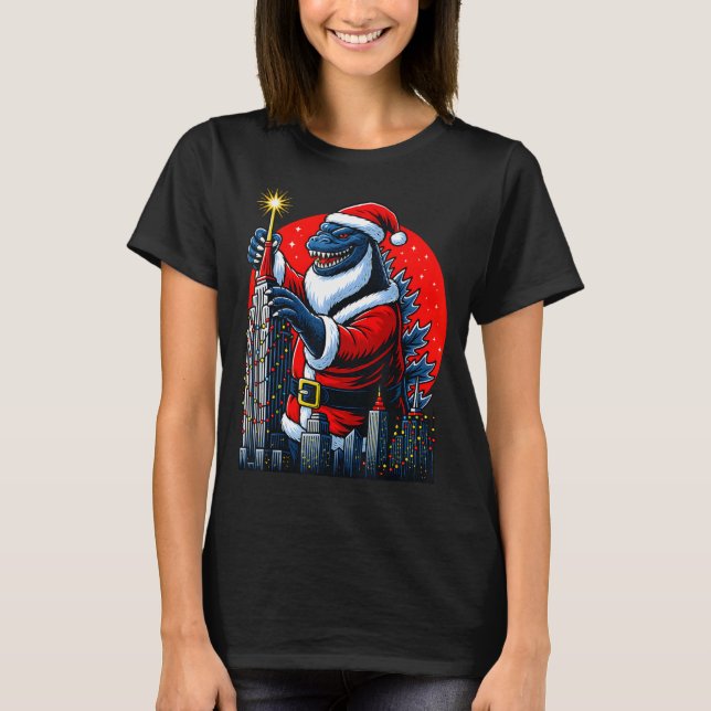 Funny Christmas Monster Santazilla Holiday Dinosau T-Shirt (Front)