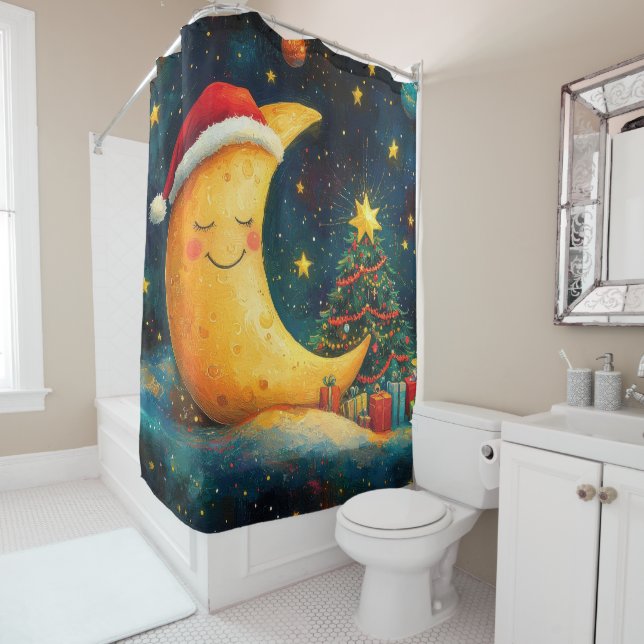 Funny Christmas Moon Galaxy Celebration Shower Curtain (In Situ)