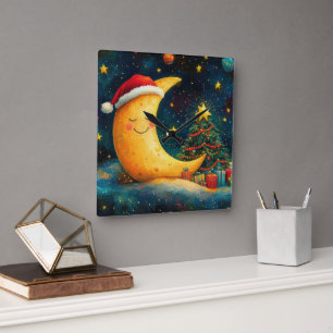 Funny Christmas Moon Galaxy Celebration Square Wall Clock