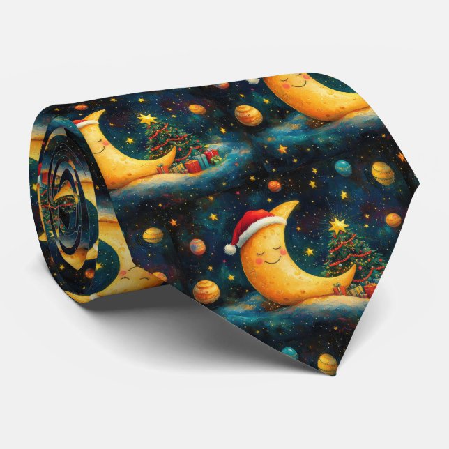 Funny Christmas Moon Galaxy Celebration Tie (Rolled)