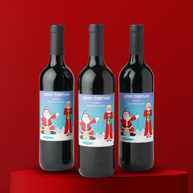 Funny Christmas Mrs. Claus Beats Santa At Fishing  Wine Label (Fishing-themed wine label: Spreading laughter and joy to all this Christmas!)