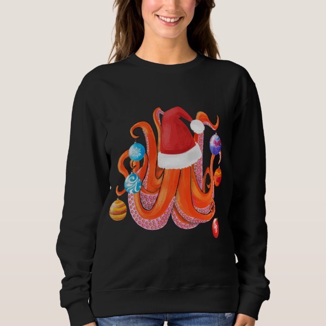 Funny Christmas Octopus Santa Hat Christmas Tree Sweatshirt (Front)