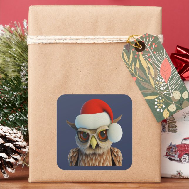 Funny Christmas Owl Wearing Santa Hat Square Sticker (Holiday)
