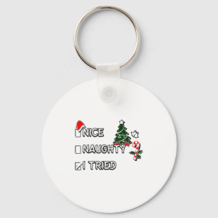 Funny Christmas Pajama Lights Nice Naughty I Tried Key Ring