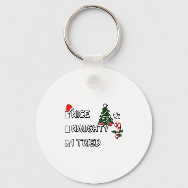 Funny Christmas Pajama Lights Nice Naughty I Tried Key Ring (Front)