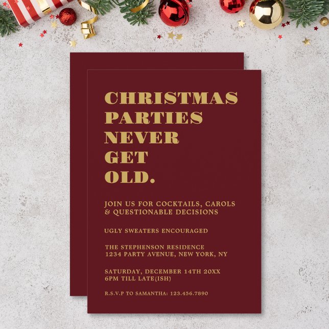 Funny Christmas Parties Never Get Old Red Gold  Invitation (Creator Uploaded)