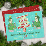 Funny Christmas Party Retro Adult Drinking Holiday Invitation<br><div class="desc">Throw a funny adult Christmas party with these festive retro "lit up" holiday invitations. The smiling man and woman on the front are holding drinks next to a tree and banners that say, "Time to get lit up like a Christmas tree." They both have strings of lights wrapped around them,...</div>