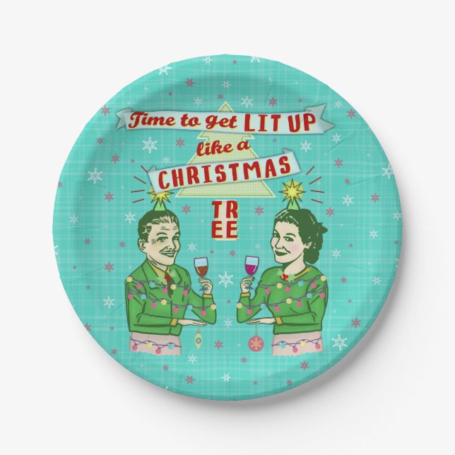Funny Christmas Party Retro Adult Drinking Holiday Paper Plate (Front)