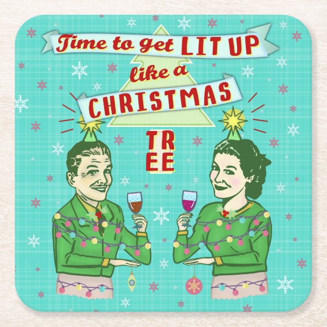 Funny Christmas Party Retro Adult Drinking Holiday Square Paper Coaster (Front)