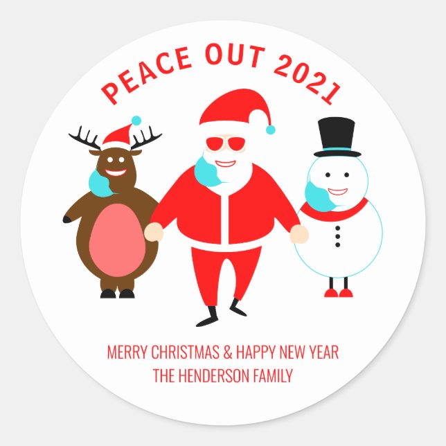 Funny Christmas Peace Out 2021 Santa Face Mask Classic Round Sticker (Front)
