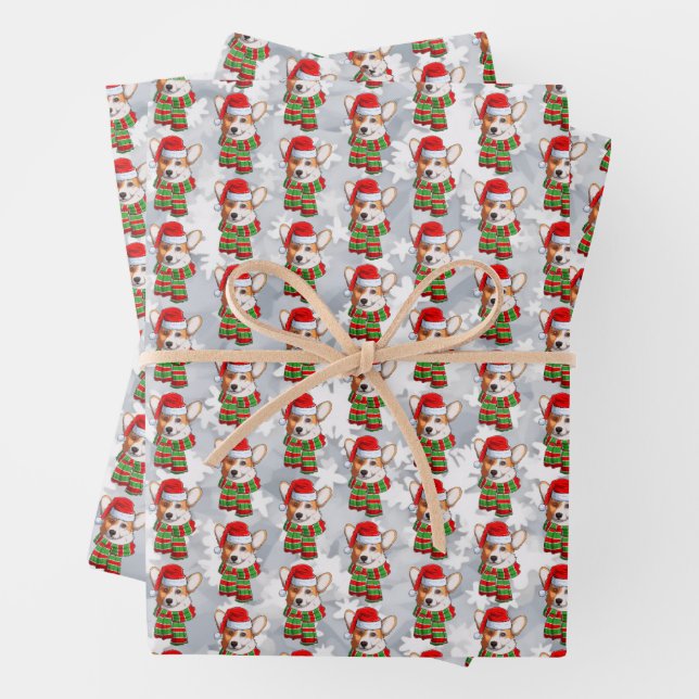 Funny Christmas Pembroke Welsh Corgi Wearing Scarf Wrapping Paper Sheet (In situ)