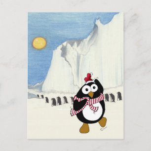 Funny Christmas penguin dancing in the Antarctic. Holiday Postcard
