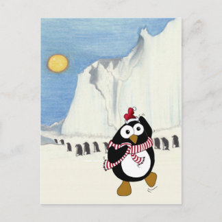 Funny Christmas penguin dancing in the Antarctic. Holiday Postcard