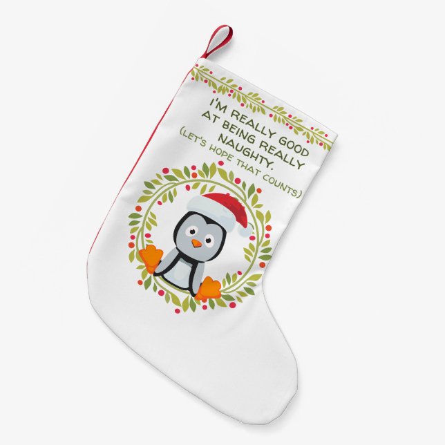 Funny Christmas Penguin Good at Being Naughty Small Christmas Stocking (Front (Hanging))