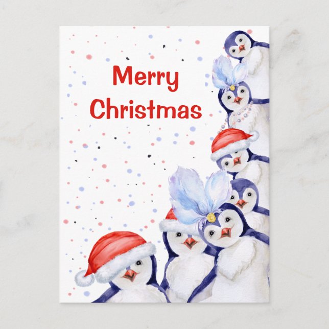 Funny Christmas Penguins Watercolor Holiday Postcard (Front)