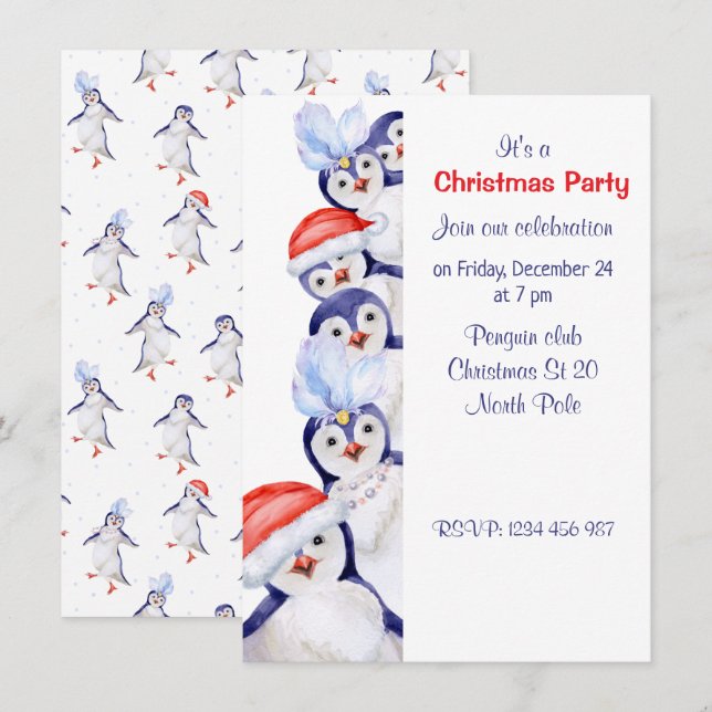 Funny Christmas Penguins Watercolor  Invitation (Front/Back)