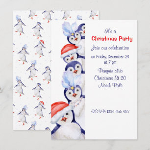 Funny Christmas Penguins Watercolor  Invitation