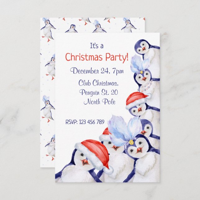 Funny Christmas Penguins Watercolor  Invitation (Front/Back)