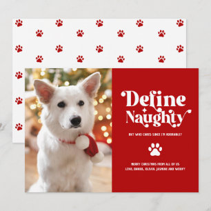 Funny Christmas Pet Photo Define Naughty on Red Holiday Card