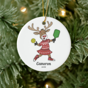 Funny Christmas Pickleball Reindeer, Custom Photo Ceramic Ornament