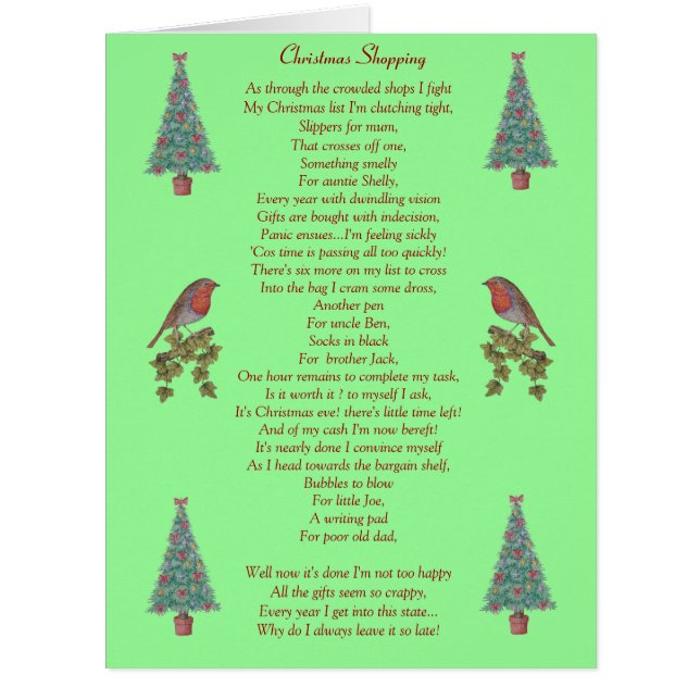 funny christmas poem robin and xmas tree big card (Front)