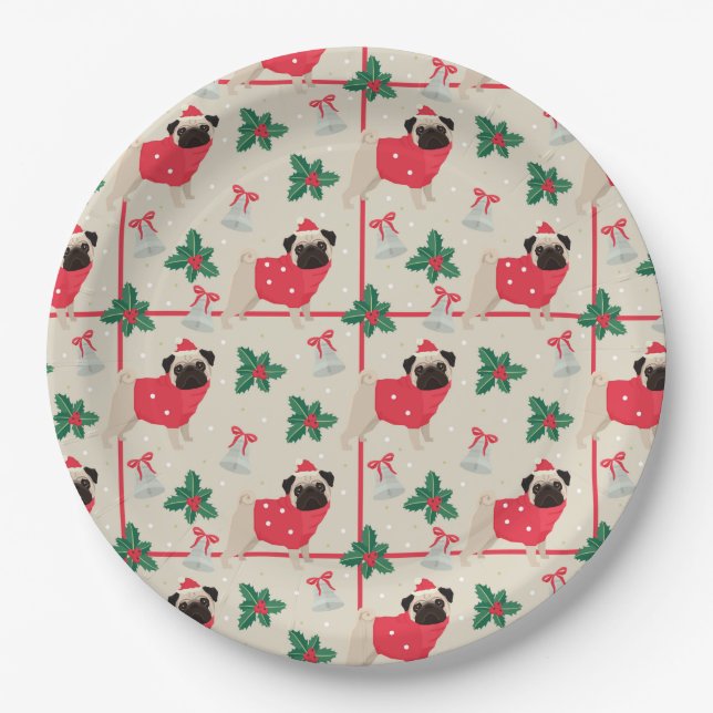 Funny Christmas Pugs Paper Plate (Front)