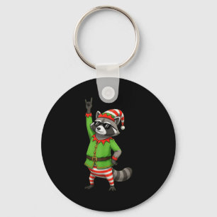 Funny Christmas Raccoon Dressed As Elf With Sungle Key Ring