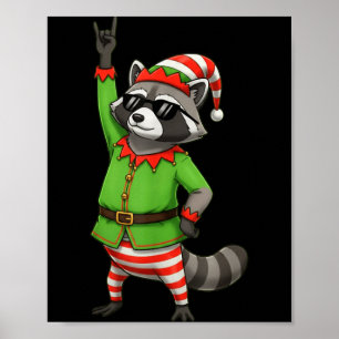 Funny Christmas Raccoon Dressed As Elf With Sungle Poster