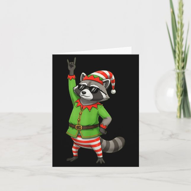 Funny Christmas Racoon Dressed As Elf With Sungle Card (Front)