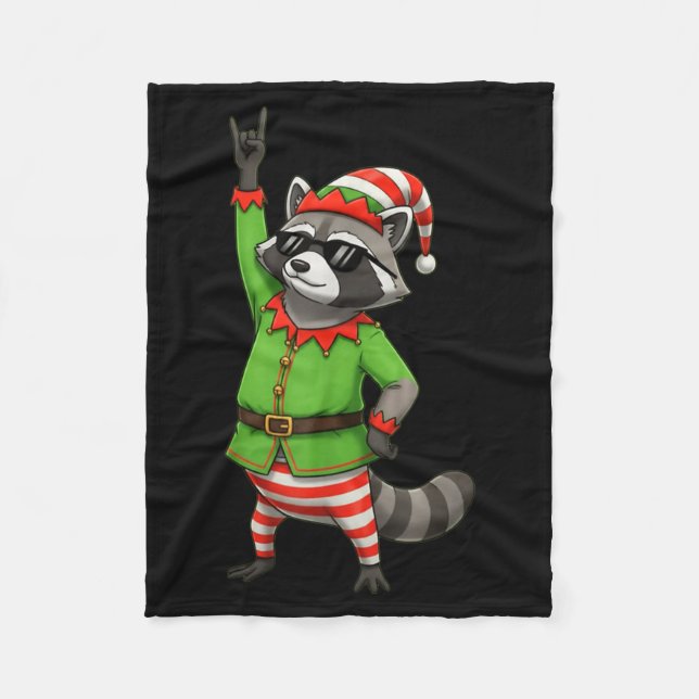 Funny Christmas Racoon Dressed As Elf With Sungle Fleece Blanket (Front)