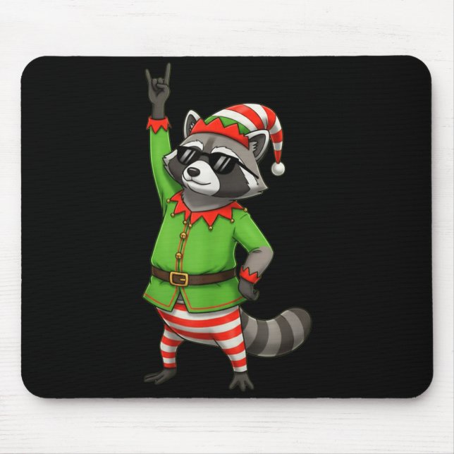 Funny Christmas Racoon Dressed As Elf With Sungle Mouse Pad (Front)
