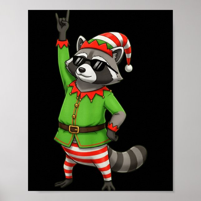 Funny Christmas Racoon Dressed As Elf With Sungle Poster (Front)