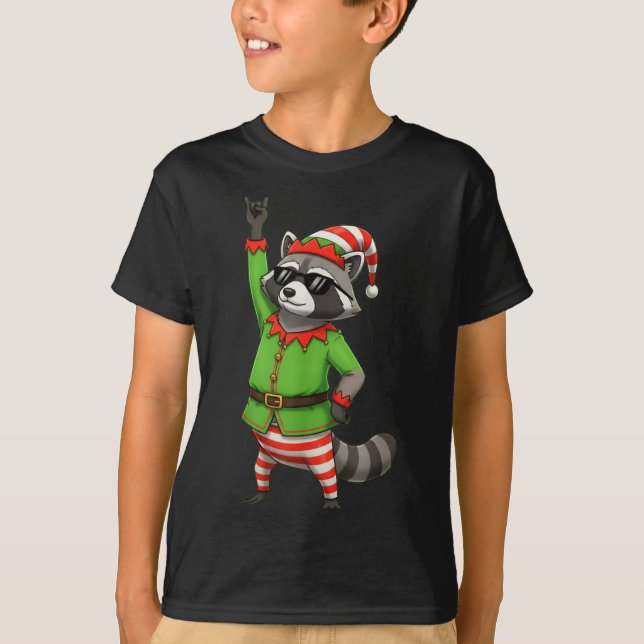 Funny Christmas Racoon Dressed As Elf With Sungle T-Shirt (Front)