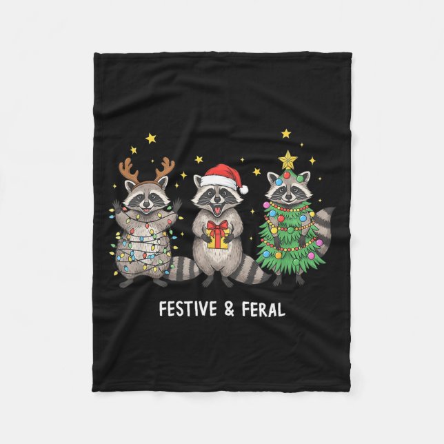 Funny Christmas Racoon - Feral But Festive  Fleece Blanket (Front)