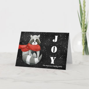 Funny Christmas Racoon   Joy Black Holiday Cards 
