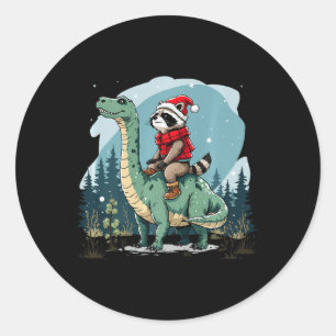 Funny Christmas Racoon Riding Dinosaur Trex Anima Classic Round Sticker