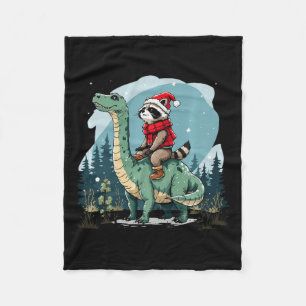 Funny Christmas Racoon Riding Dinosaur Trex Anima Fleece Blanket