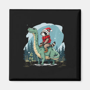 Funny Christmas Racoon Riding Dinosaur Trex Anima Magnet