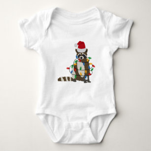 Funny Christmas Racoon Santa Hat Xmas Lights   Baby Bodysuit