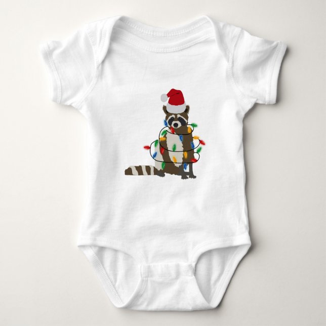 Funny Christmas Racoon Santa Hat Xmas Lights   Baby Bodysuit (Front)