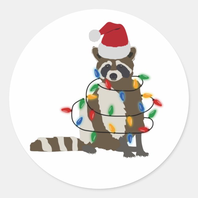 Funny Christmas Racoon Santa Hat Xmas Lights   Classic Round Sticker (Front)