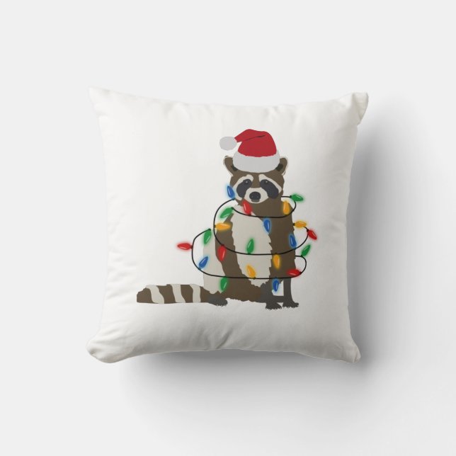 Funny Christmas Racoon Santa Hat Xmas Lights  Cushion (Front)