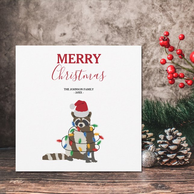 Funny Christmas Racoon Santa Hat Xmas Lights Holiday Card (Creator Uploaded)