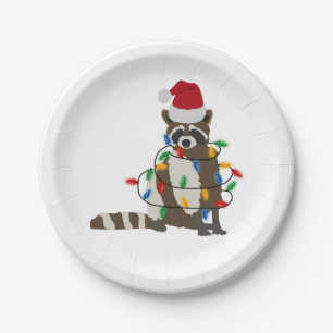 Funny Christmas Racoon Santa Hat Xmas Lights Paper Plate
