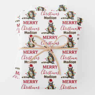 Funny Christmas Racoon Santa Hat Xmas Lights  Wrapping Paper Sheet