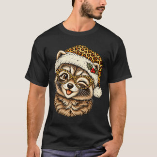 Funny Christmas Racoon With Leopard Santa Hat T-Shirt