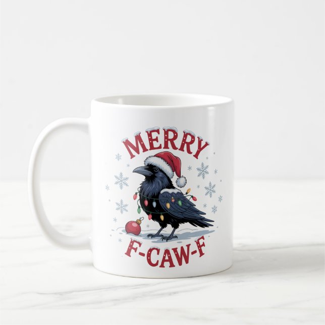 Funny Christmas Raven Merry F-Caw-F Black Bird Coffee Mug (Left)