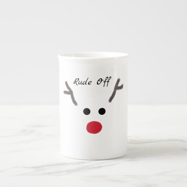 Funny Christmas Red Nose Reindeer Rude Off Bone China Mug (Front)