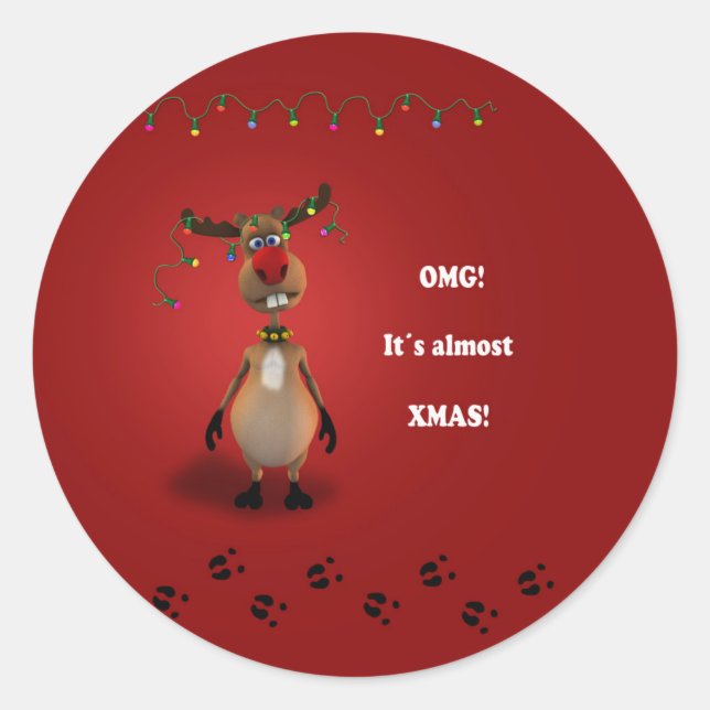 Funny Christmas Red Nosed Reindeer Classic Round Sticker (Front)
