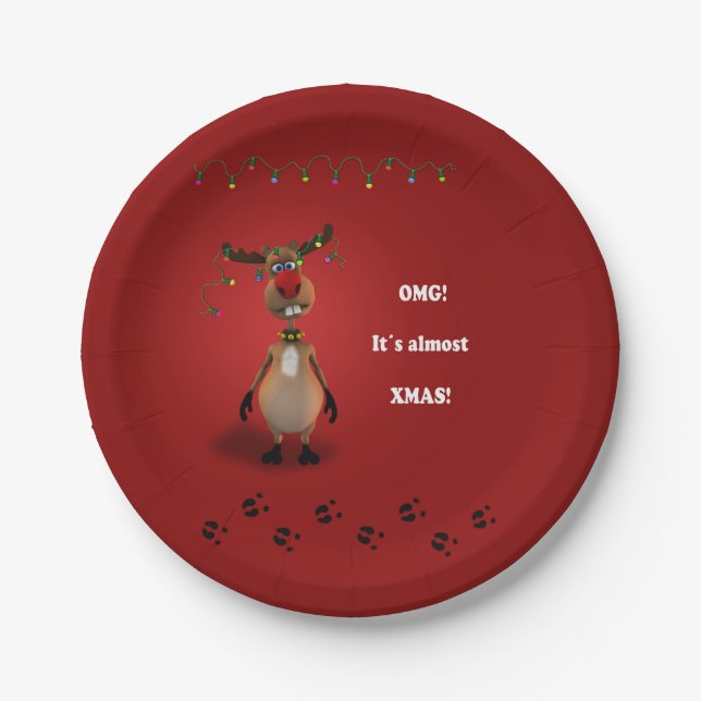 Funny Christmas Red Nosed Reindeer Paper Plate (Front)